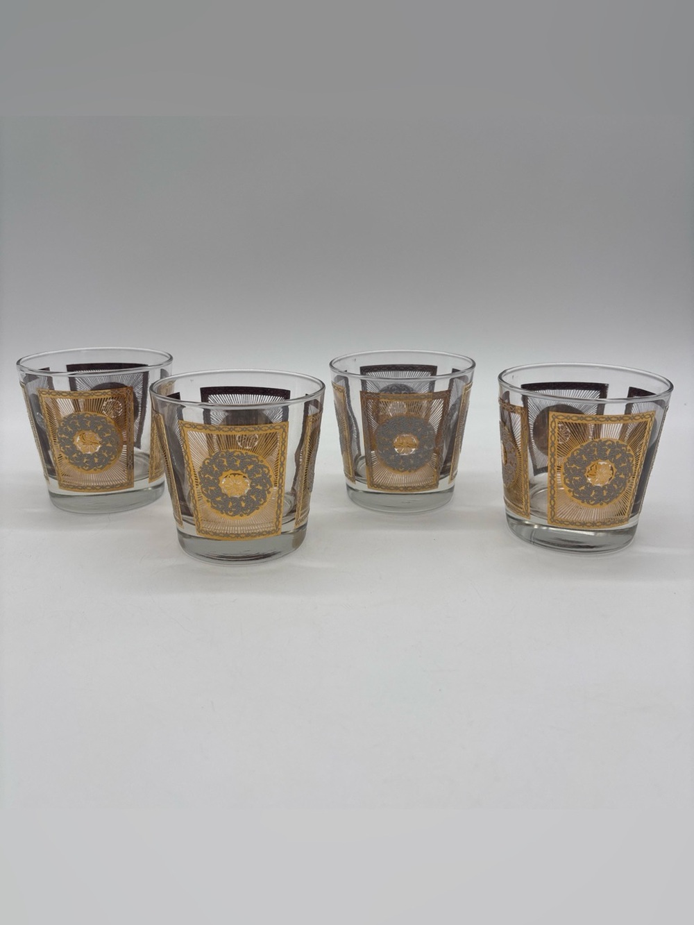 Libbey 24 Karat Gold Starburst White Sugar Wreath Tumbler Rocks Glasses Set of 4